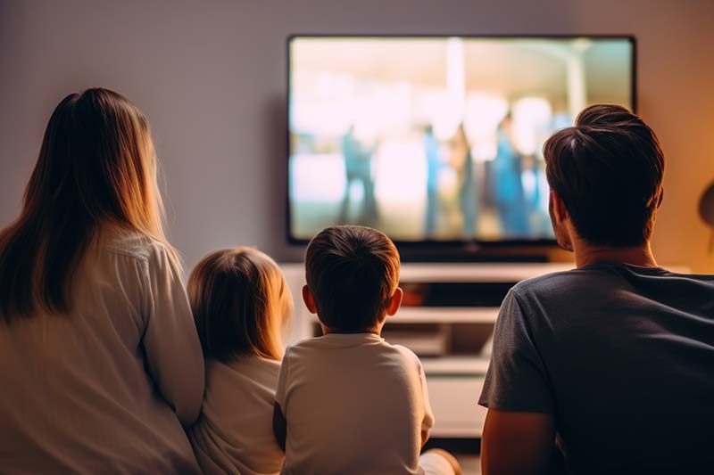 Family watching screen together in living room