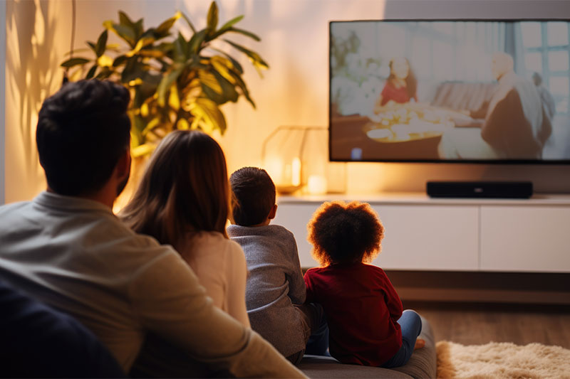 Family on couch watching TV